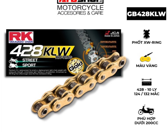Sên RK GB428KLW - Sên xe máy RK - Sên 10 ly 428 màu vàng, phốt cao su XW-ring